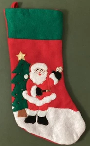 Vintage 15 Zoll handgefertigter Filz Weihnachtsstrumpf appliziert Weihnachtsmann & Weihnachtsbaum - Bild 1 von 3