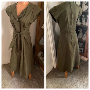 VESTIDO MAR NEW YORK CAQUI VERDE ESTILO RETRO LAND GIRL ALGODÓN TALLA 10 - Imagen 1 de 11