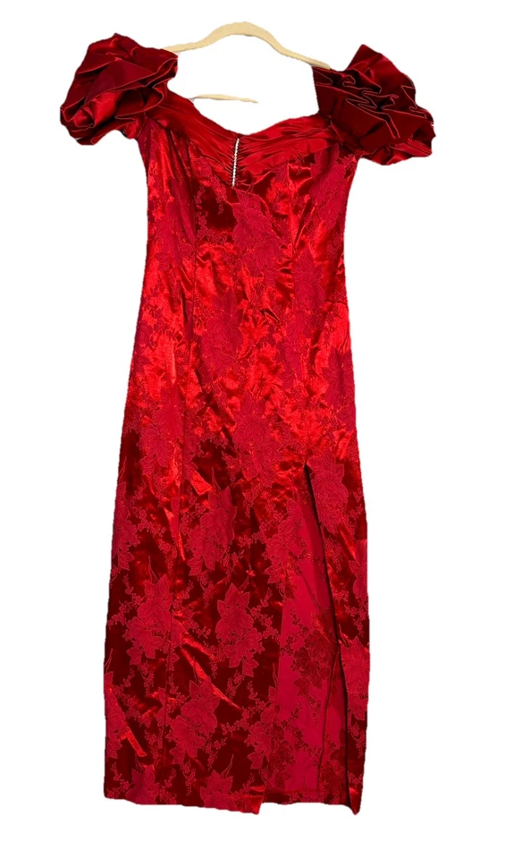 Vestido De Colección Años 90 Rojo Fiesta Baile de graduación Floral Frontal Abertura Manga Abullonada Talla 5 Hombro Descubierto Foto 1 de 4