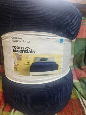 Corduroy Plaid Comforter Full/Queen, Navy Blue Brand New Original Package - Image 1 of 4