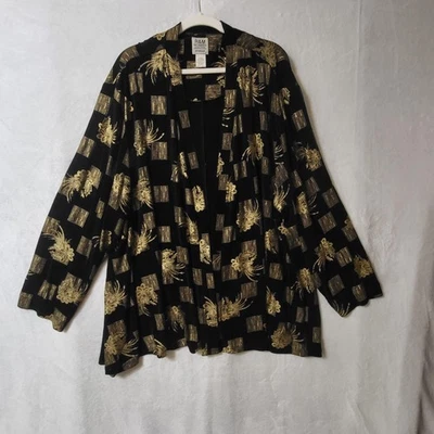 Chaqueta R&M Richards Mujer 32W Negra Dorada Floral Geométrica Frente Abierto Hecha en EE. UU. Foto 1 de 4