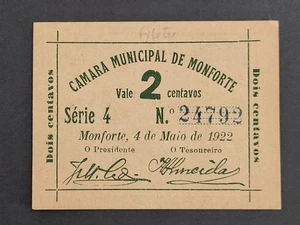 PORTUGAL EMERGENCY PAPER MONEY CAMARA MUNICIPAL DE MONFORTE 2 CENTAVOS Notgeld - Picture 1 of 4