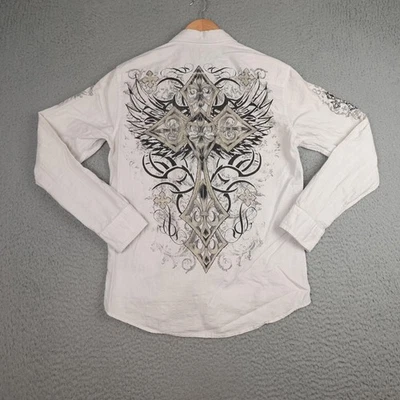 Camisa Helix Para Hombres Mediana Blanca Gráfico Cruzado Manga Larga Botón Frontal Banda Cuello Foto 1 de 4