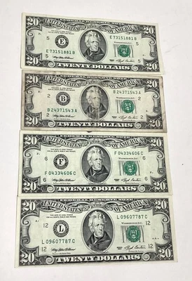 Lot of 4 1993 Small Face $20 Bills - Image 1 of 4