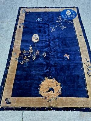 ALFOMBRA CHINA AZUL ART DECO ANTIGUA DECORATIVA FINA HECHA A MANO 5 FT X 8 FT CA 2020 Foto 1 de 4