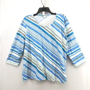 Sara Morgan Shirt Womens Size XL Blue Diagonal Striped 3/4 Sleeve Pullover Top - Picture 1 of 6
