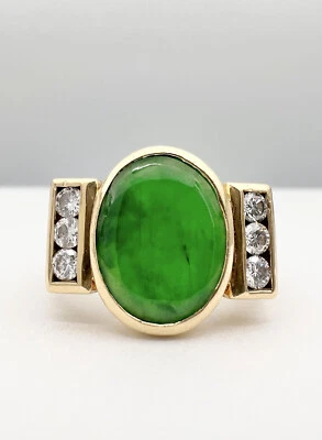 Anillo Vintage Oro Amarillo 18k Natural Verde Manzana Jade Imperial Jadeita y Diamantes Foto 1 de 4