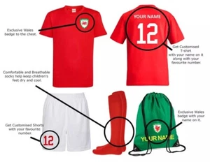 Personalised Kids Wales Flag Style Football Kit SHIRT SHORTS BAG and SOCKS - Picture 1 of 12