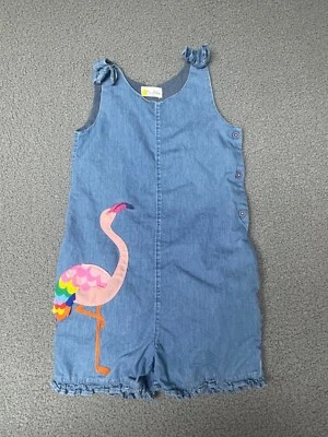 Mini Boden Girls 4-5 Flamingo Appliqué Chambray Romper Lined Ruffled Trim - Image 1 of 4