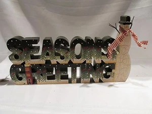 NEW FOLK ART SNOWMAN WOODEN WORD BLOCK - SEASONS GREETING - SNOWMAN - CHRISTMAS - Picture 1 of 4