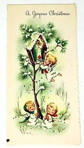 Vintage religiöse Frohe Weihnachten Grußkarte Tannenbaum mit Krippe 3 Winkel  - Bild 1 von 3