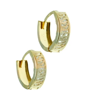 Multi Tone 14K Solid Gold Wave Stripes design Reversible Huggies Hoop Earrings  - Image 1 of 4