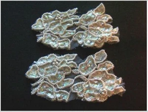 PAR DE APLIQUES DE ENCAJE FRANCÉS CORDÓN PERLAS LENTEJUELAS CREMA - Imagen 1 de 1