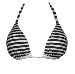 Ladies Size 8 Bikini Top M&S Navy Stripey Triangle Halterneck Removable Padding - Picture 1 of 8