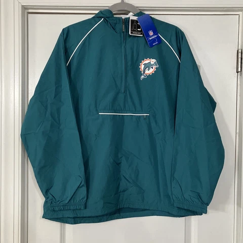 NWT Reebok Miami Dolphins Packable Windbreaker Women’s Size L Pullover Hooded Cover