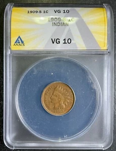 ANACS VG10 1909-S Indian Cent Rare Tough Key San Francisco Date UNDERGRADED! AB - Picture 1 of 2