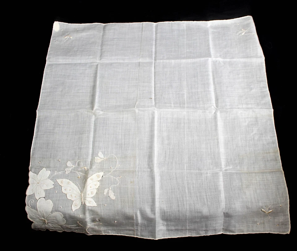 ВИНТАЖНЫЙ 1950-х носовой платок белый Мадейра хлопок аппликация и вышитые цветы - Изображение 1 из 4