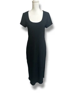 Bar III Women's XL Black Ribbed Scoop Neck Short Sleeve Midi Dress Slit Bodycon - Picture 1 of 7