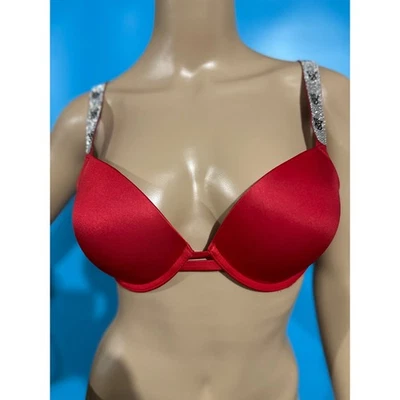 Victoria's Secret Sujetador Push Up Muy Sexy Rojo Brillante Logo Correa 32D Estrás Foto 1 de 4