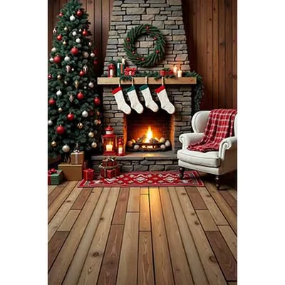 Fotografía de Navidad Telón de fondo Firepalce Árbol de Navidad Piso Fotozona Fondo Ch Foto 1 de 4