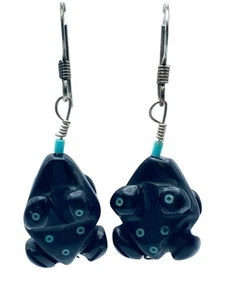 Vintage Native American Zuni Jet Turquoise Sterling Frog Fetish Earrings 1 1/2" - Picture 1 of 6