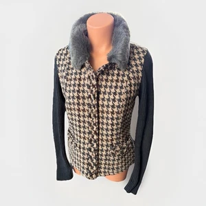 CAbi Wool Blend Houndstooth Coat Size 4 Lined Removable Fur Collar - Picture 1 of 9