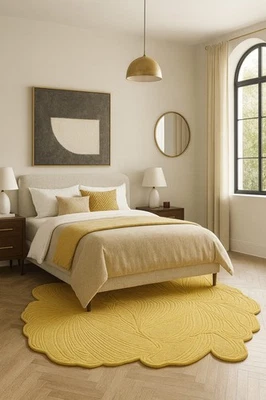 Alfombra de lana artesanal acolchada a mano artística amarillo mostaza patrón floral moderna Foto 1 de 3