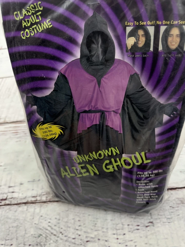 Disfraz de Halloween Alien Ghoul túnica negra con capucha malla máscara facial faja talla grande Foto 1 de 3