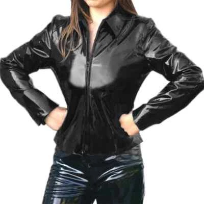 Women PVC Long Sleeve Turn-down Collar Coat Punk Glossy Jacket Shiny Top Coat - Image 1 of 4