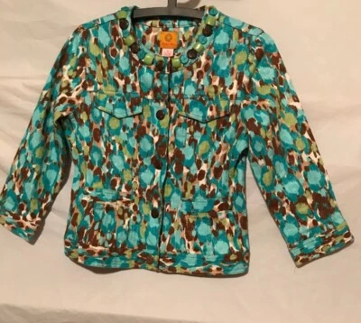 Ruby Rd. Jacket. Shiny Blue/Brown/Green Animal Print. Beaded Neck. Size 8. NWOT. - Image 1 of 4