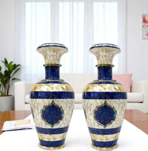 Vaso di fiori in marmo 24" madre delle perle e lapislazzuli intarsio per soggiorno - Foto 1 di 6