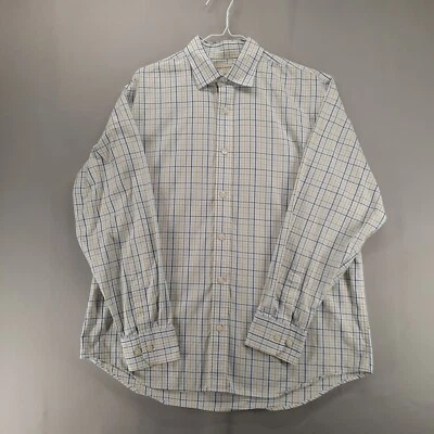 Camisa Banana Republic Para Hombre L 16-16.5 Blanco Azul Verde Dorado Tattersall Abotonada Foto 1 de 4