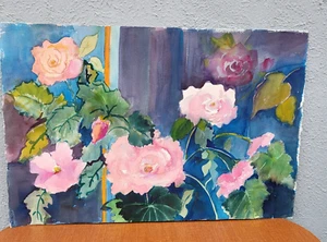 Floral Pink Roses  Original Watercolor Painting by M. Cole - Excellent Condition - Bild 1 von 4
