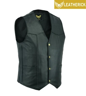 LEATHERICK Men Black Leather Waistcoat Classic Biker Top Grain Formal Motorcycle Club Vest