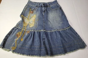 Vtg Y2K Ruffle Denim Skirt Mid Rise Jr Sz 7/8 Butterfly Detail Bedazzled Pockets - Picture 1 of 11