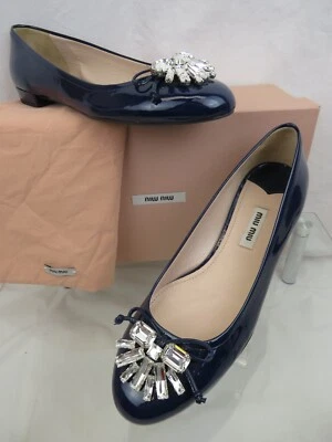 NUEVO EN CAJA MIU MIU 5F9686 PRADA AZUL REAL CHAROL CRISTALES LAZO CON JOYAS PLANOS 38 Foto 1 de 4
