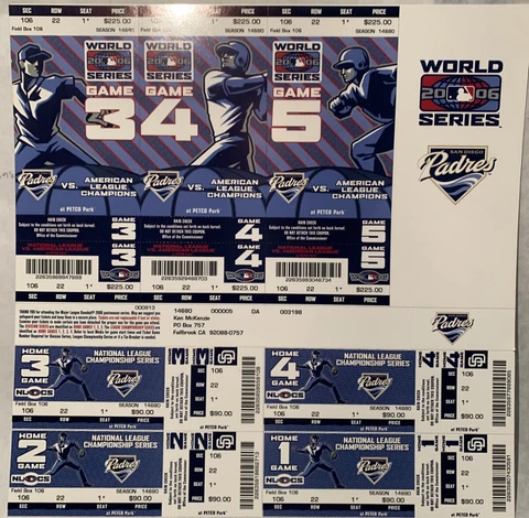 Panel of 2006 San Diego Padres “World Series” unused Tickets SHEET Cover