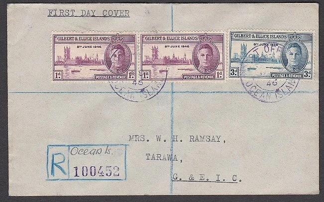 GILBERT & ELLICE IS 1946 Victory set FDC - Ocean Island cds in violet.......Q243 - Image 1 of 1