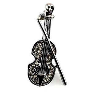 SPARKLING VIOLIN BROOCH 1.5" Pin Black Metallic Rhinestone HIGH QUALITY Fiddle - Picture 1 of 4