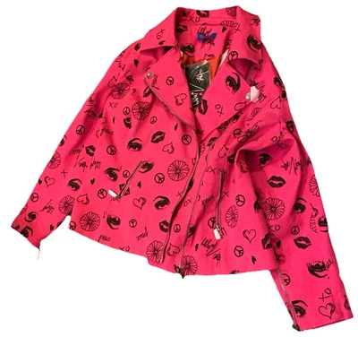 Love Twiggy Graffiti Print Jacket HOT PINK BLACK FULLY LINED S HSN $132 NwT - Image 1 of 4
