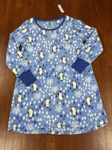 Hue Womens Large Long Sleeve Sleep Shirt Pajamas Blue Fleece Penguins NEW - Picture 1 of 9