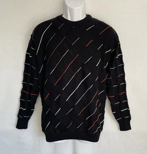 Tundra Canada Sweater Size Medium Diagonal Multicolor Textured Stripes on Black - Picture 1 of 8