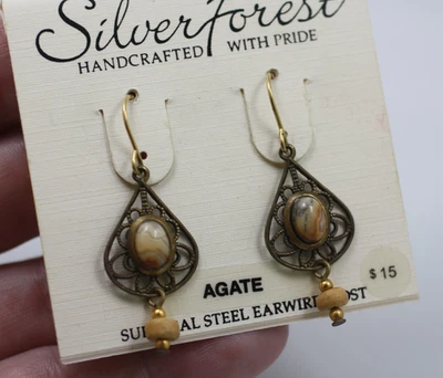 Серебряный лес бронзового тона полосатый агат падение подвеской крюк проколотые серьги новый - Изображение 1 из 4