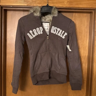 Aeropostale Faux Fur Lined Zip Up Hoodie Brown Y2K Style - Image 1 of 4