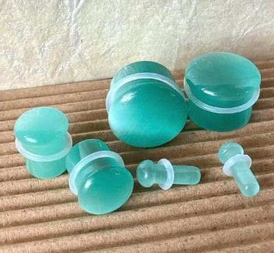 PAIR Seafoam Cat Eye Stone Plugs Single Flare Tunnels Earlet Gauges Body Jewelry - Image 1 of 4