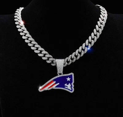 "Collar de cadena gema de los Patriotas de Nueva Inglaterra - eslabón cubano de plata u oro - cadena de 24""" Foto 1 de 4