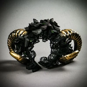 Dark Gold Gothic Demon Halloween Skull Horn Women Headband with Laces Black Rose - Picture 1 of 6