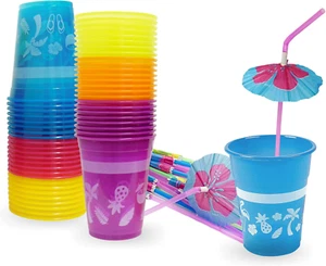 Tropical Party Cups with Parasol Straws - Disposable Plastic Cups 16Oz BPA Free, - Picture 1 of 12