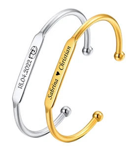 ID Edelstahl Armreif + Gravur nach Wunsch Armband Gold oder Silber NEU - Picture 1 of 12