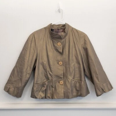 Vintage Genuine Leather Satin Lined Button Jacket Puff Sleeve Taupe Size M - Image 1 of 4